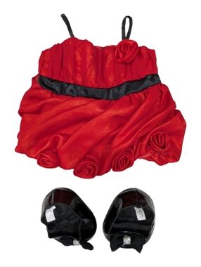 Build A Bear Red Valentine's Dress w Roses Black Sequins & Black Patent Heels